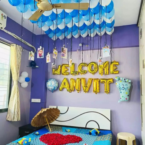 Welcome Baby Blue & White Balloons Decoration